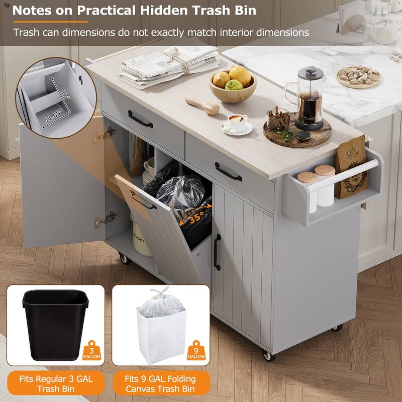 Rolling Kitchen Island wTrash Can Storage Cabinet & Adjustable Shelf, Wood Cupboard Spice Storage Cabinet wDrop Leaf, Towel Rack