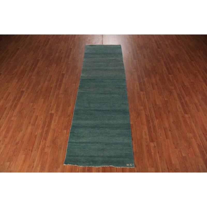 Blue & Green Modern Gabbeh Runner Rug Handmade Wool Carpet - 3'0" x 9'8"