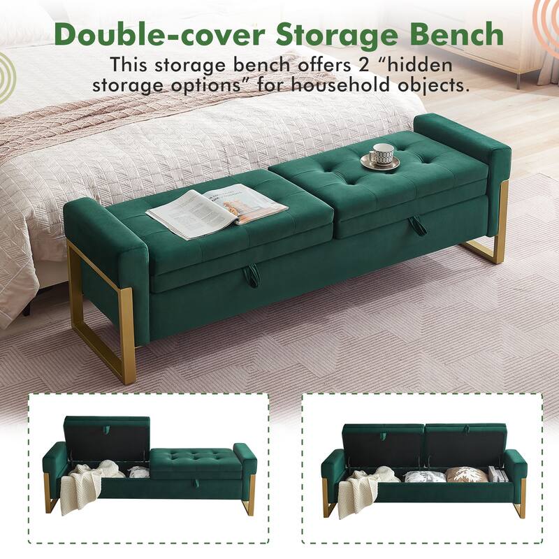 66" Storage Bench King Size End of Bed with Double Lids and Gold Legs