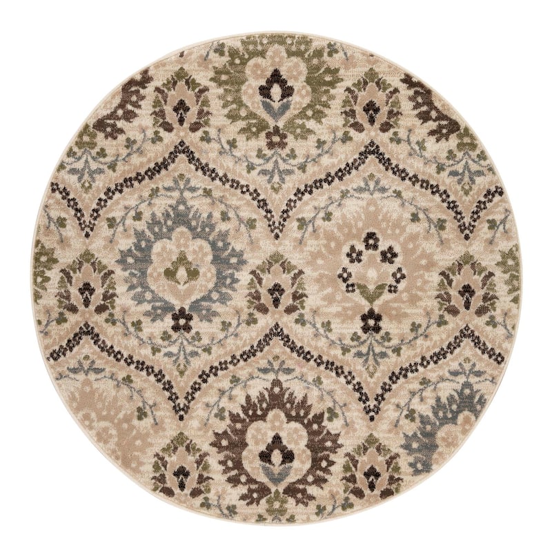 Superior Augusta Vintage Floral Damask Indoor Runner or Area Rug - 5' Round - Ivory