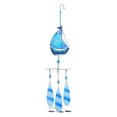 CoTa Global Blue Sailboat Hanging Sea Glass Wind Chime - 27.36 Inch