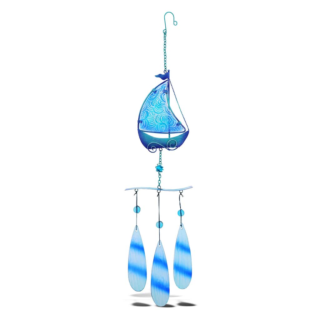 CoTa Global Blue Sailboat Hanging Sea Glass Wind Chime - 27.36 Inch