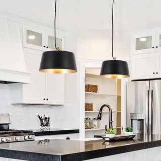 Patiy 10.6inch Modern Black Metal Dome Pendant Lights Industrial Drum Brass for Kitchen Island - D 10.6'' x H 67''