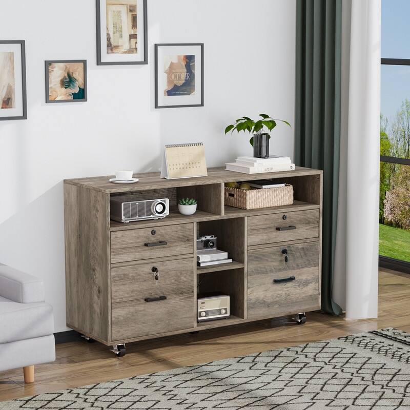 File Cabinet 4 Drawer Wood Mobile Lockable Rolling with Shelves
