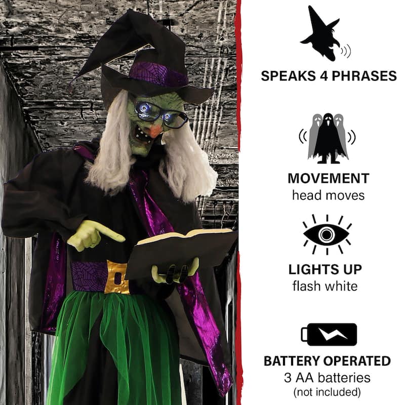 6-ft. Standing Witch, Indoor/Covered Outdoor Halloween Decoration, LED White Eyes, Poseable, Magda the Mad