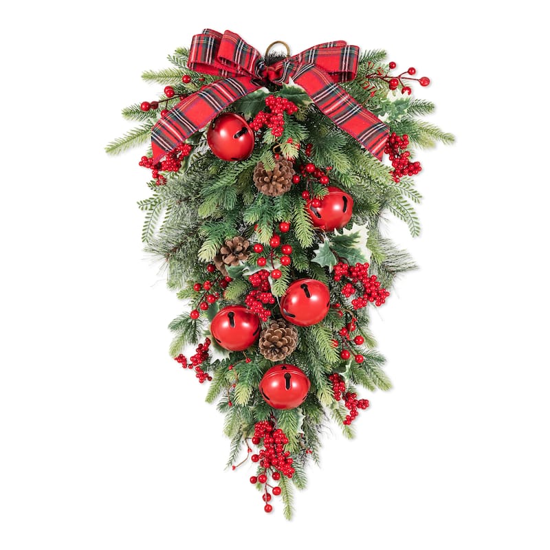 Glitzhome Christmas Berry Bow Pinecone Bell Holy Leaf Teardrop Swag Xmas Wreath - Single-H
