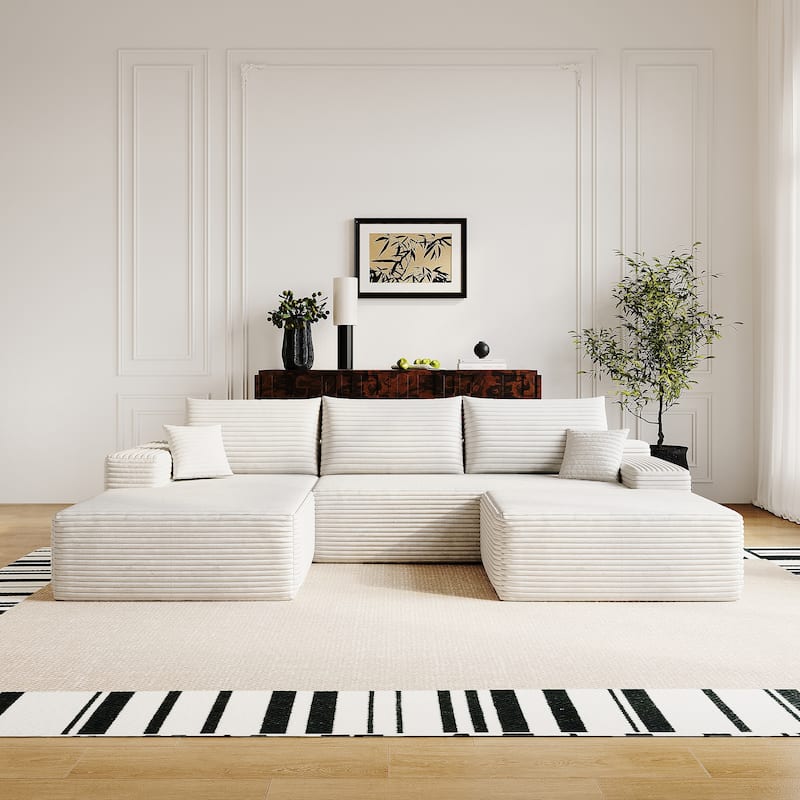 Corduroy Upholstered Symmetrical Chaise Sectional Sofa with Ottoman