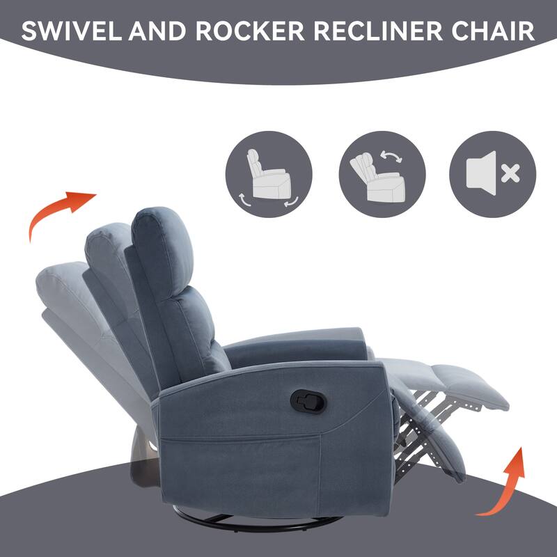 Manual Recliner Chair with Rocker and Swivel in Fabric for Living Room