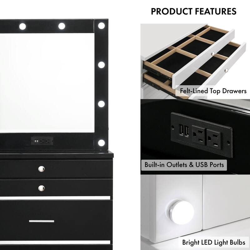Furniture of America Mary Hollywood Glam Makeup Vanity Chest and Mirror with USBs & Outlets