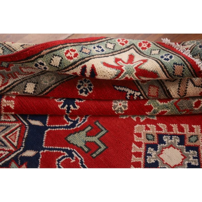 Red Geometric Kazak Area Rug Handmade Oriental Bedroom Wool Carpet - 4'10" x 6'5"