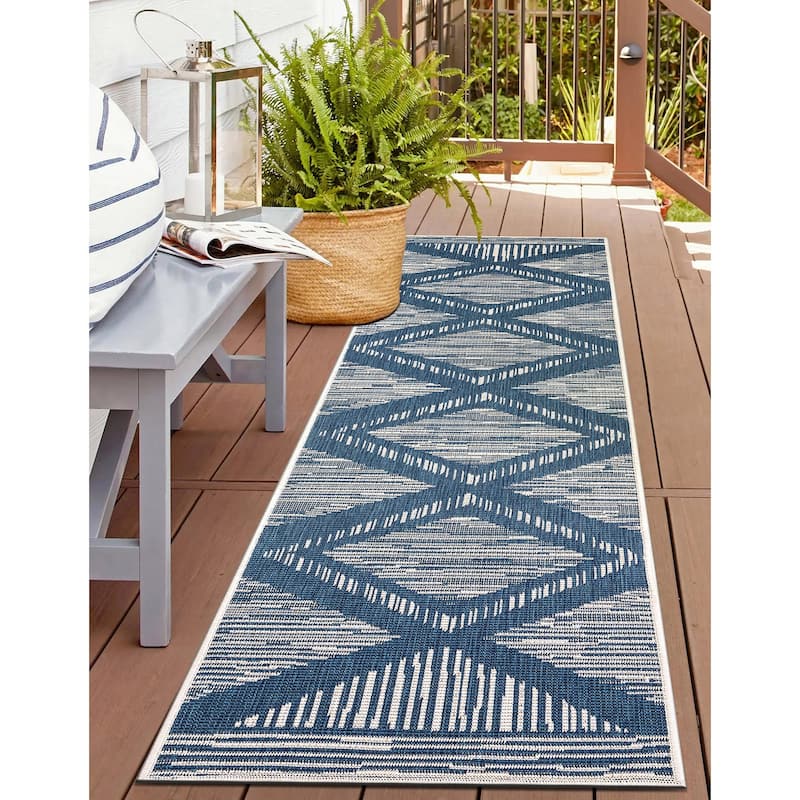 World Rug Gallery Contemporary Geometric Stripe Weather Resistant Reversible Indoor/Outdoor Area Rug - 2' x 7' - Blue