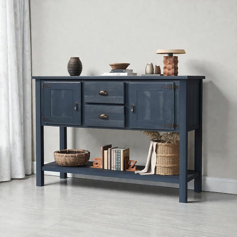 48" Solid Wood Sideboard Console Table with Drawers, Cabinets and Bottom Shelf, Retro Buffet Storage Cabinet