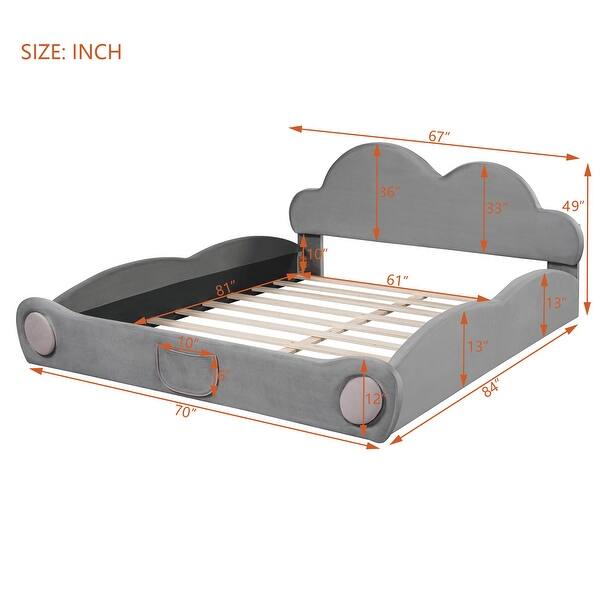 dimension image slide 1 of 2, Queen Cloud Headboard Upholstered Bed with Rounded Footboard and Storage Pocket, Grey