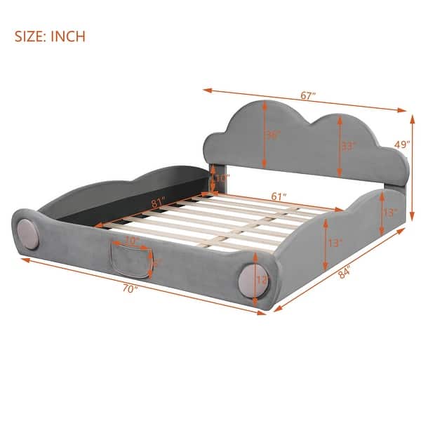 dimension image slide 0 of 2, Upholstered Platform Bed Low-Profile Queen Size Bed Frame with Cloud-shaped Headboard and Cartoon Footboard, Velvet Fabric