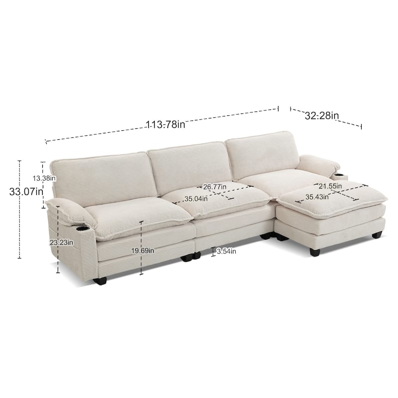 113" L Shaped Sectional Sofa, Deep Seat Cloud Couch with Ottoman, Oversized Corduroy Couch with Cup Holders, Storage Bags