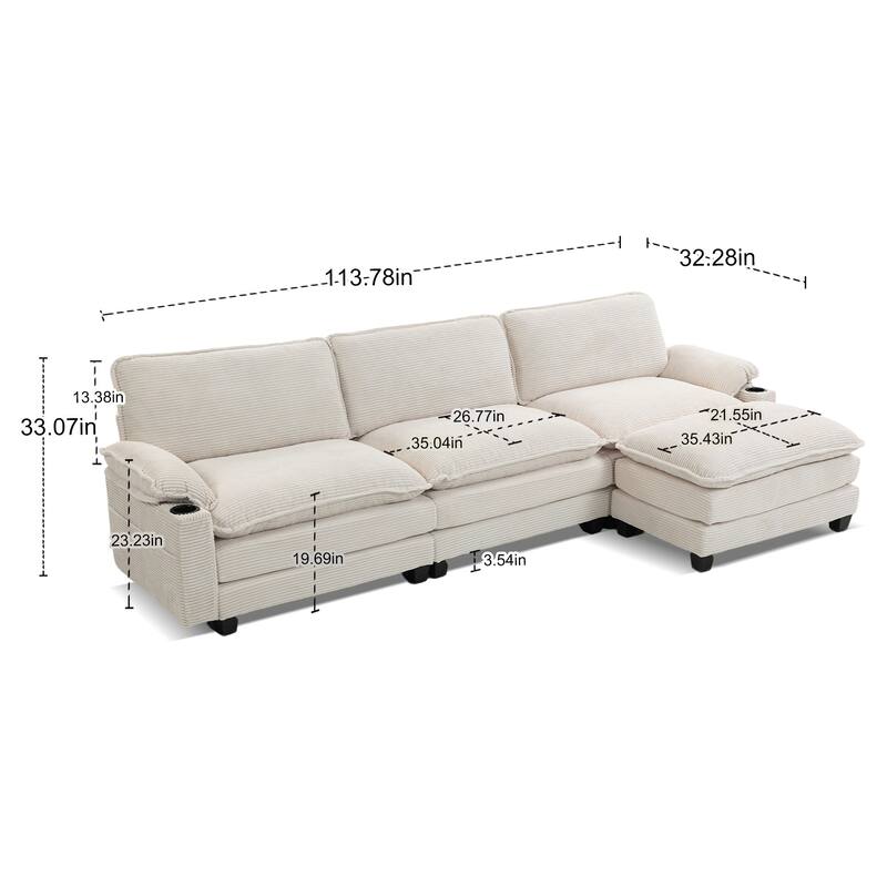 L-Shaped Modular Sectional Sofa with Ottoman, Oversized Corduroy Upholstered Cloud Couch with Cup Holders & Side Pockets
