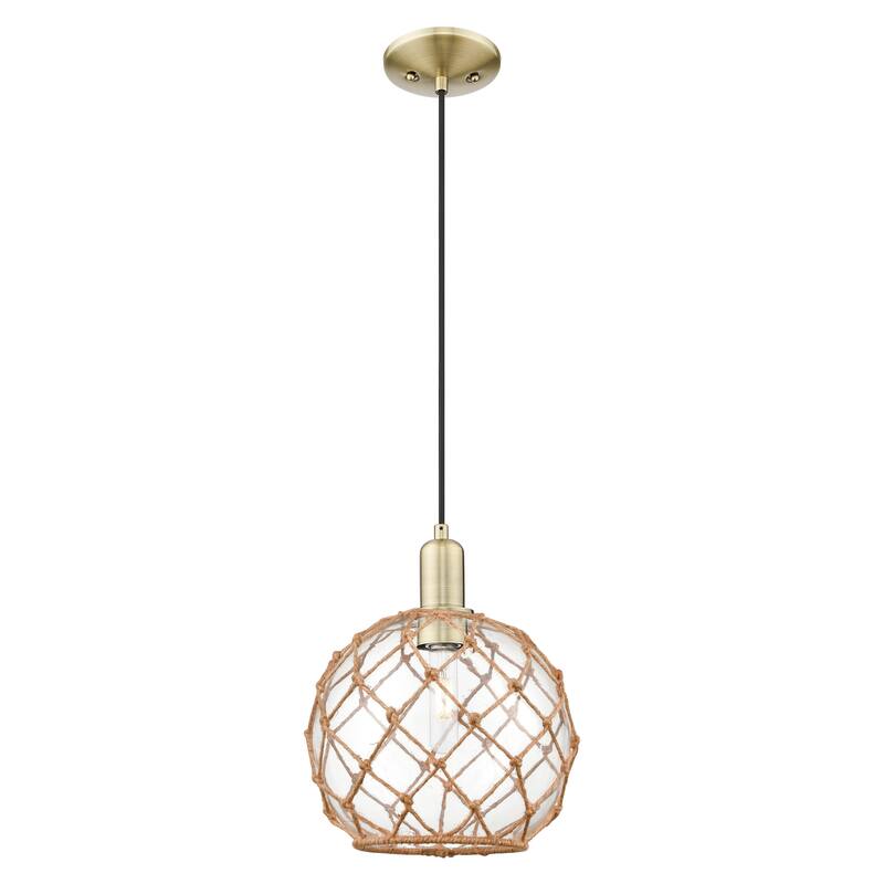 Innovations Lighting Endless Possibilities Arcadia - Farmhouse Rope - 1 Light 10" Cord Hung Mini Pendant - Antique Brass/Clear Glass with Brown Rope