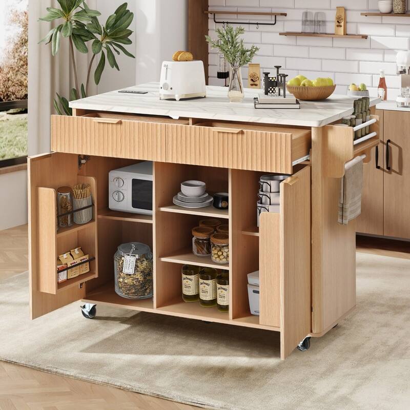 Fluted 52" Kitchen Island Cart with Drop Leaf, Power Outlet, Rolling Island Table with Adjustable Shelves for Versatile Storage