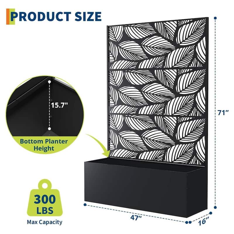 Metal Privacy Screen Planter Box, Raised Garden Bed for Climbing Plants, Veggies, Birch Leaf Style