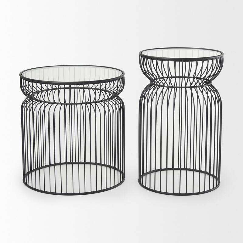 HomeRoots Set of Two Clear and Black Tempered Glass and Metal Wire Round Drum End Tables - 18.90 in. x 20.08 in. x 18.90 in.