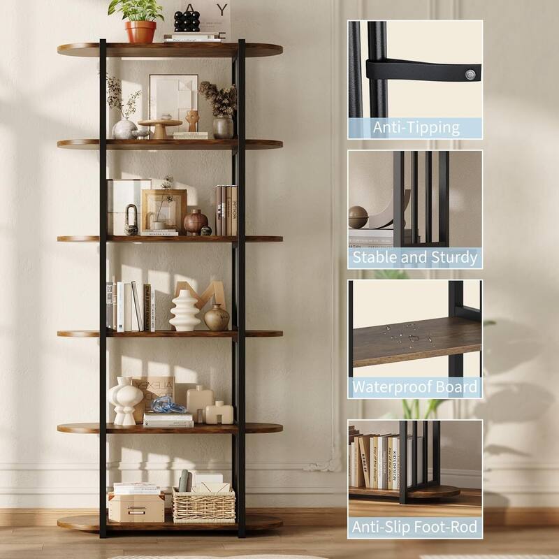 6 Tier 71" Freestanding Open Storage Industrial Bookshelf, Bookcase for Bedroom, Living Room