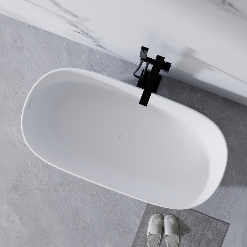 Solid Surface Freestanding Soaking Bathtub with Center Drain and Pop-up Drain, Modern Tubs with Overflow