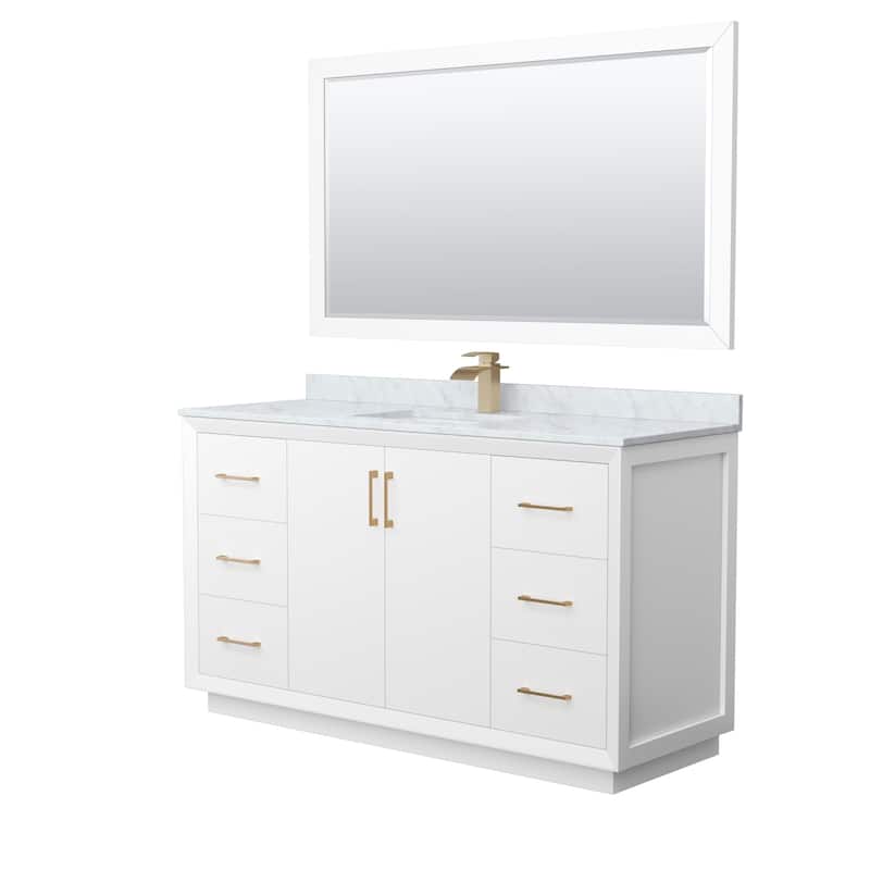 Strada 60-Inch Single Vanity Set, Carrara Marble Top, 58-Inch Mirror - White, Bronze Trim, Carrara Marble Top