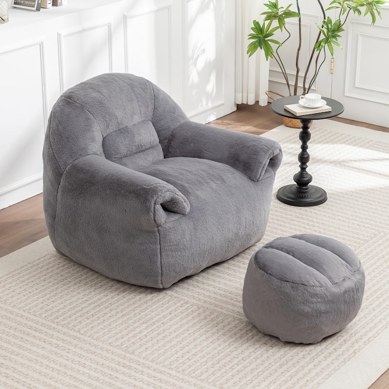 Comfy Bean Bag Sofa With Back Support, With Footstool,Faux Fur Bean Bag Chair For Adults And Kids