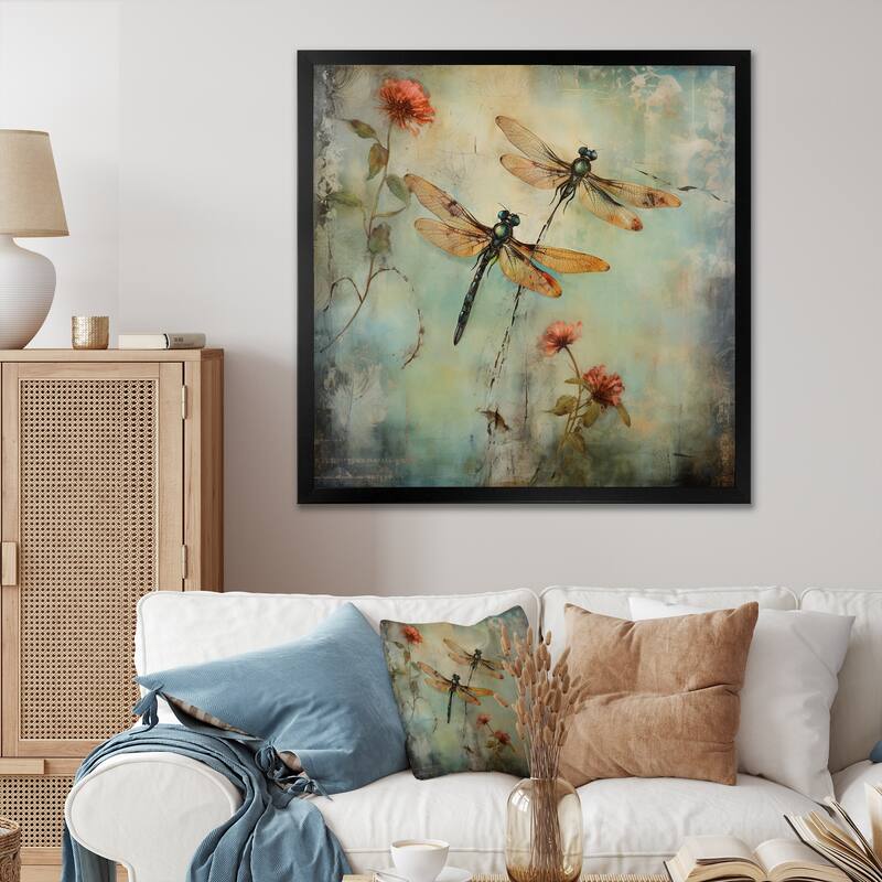 Designart "Vintage Painting Of Dragonfly Flying" Animals Dragonfly Framed Canvas Prints - 36 in. wide x 36 in. high - Black
