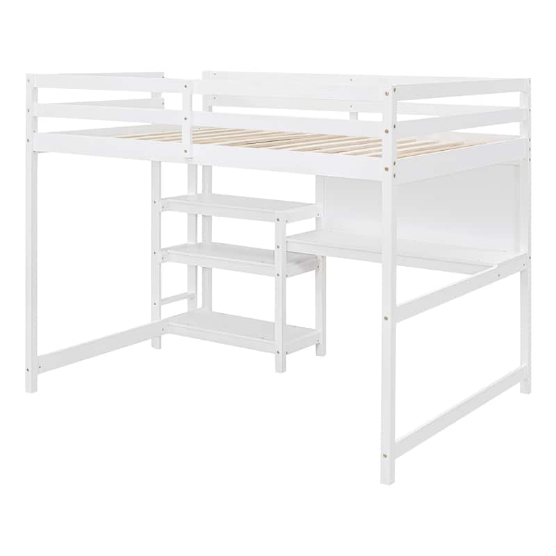 Full Size Wooden Loft Bed with Shelves, Desk and Writing Board