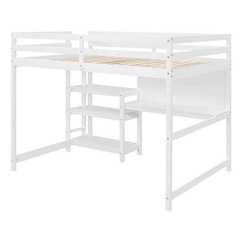 Wooden Twin/Full Size High Loft Bed with Built-in Desk and Shelves