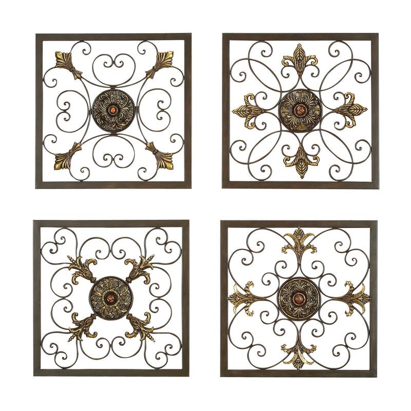 Metal Fleur De Lis Wire Scroll Home Wall Decor with Gold Accents - Set of 4 Brown - Roche River Decor
