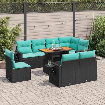 vidaXL 9 Piece Patio Sofa Set with Cushions Black Poly Rattan - 21.7 x 24.4 x 27.2