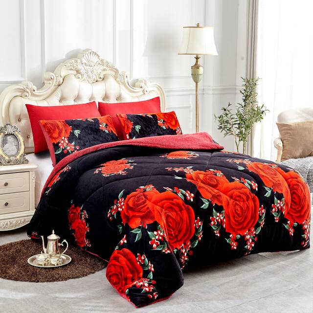3-Piece Floral Printed Sherpa-Backing Reversible Comforter Set - Black Red Rose - Queen