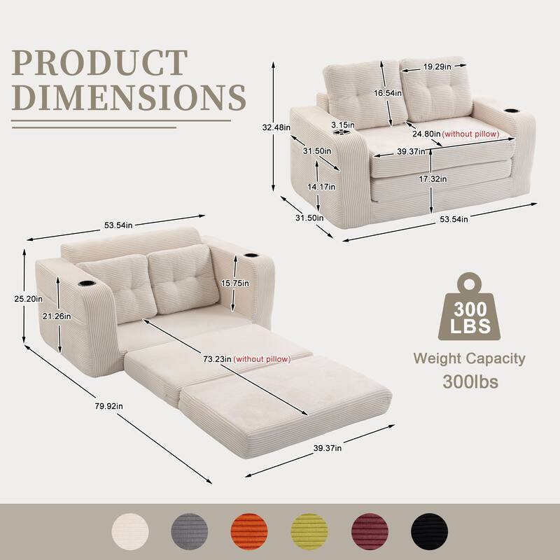 Convertible Sofa Bed, Expandable double Sofa Bed, 2 in 1 Convertible Sofa Bed, Fold Out Floor Couch with Pillows