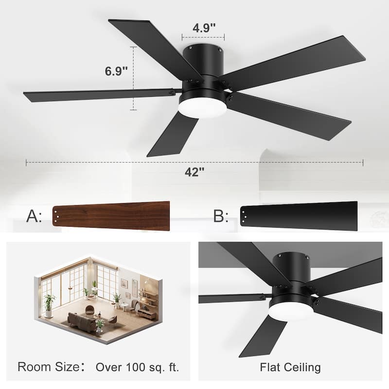 2 Set 42-inch Integrated LED Ceiling Fan with Light and Remote(5 Reversible Blades)