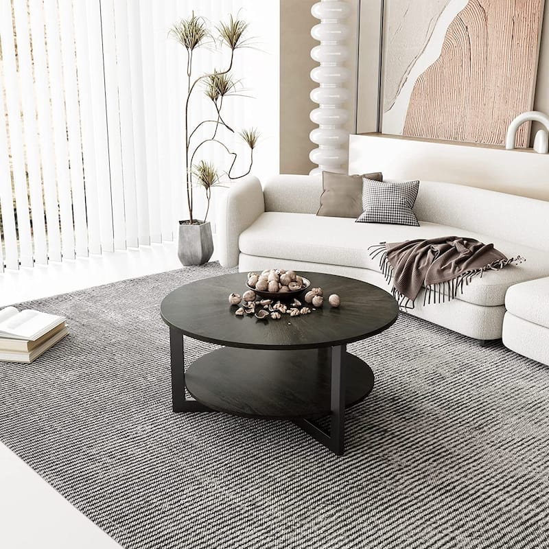 Round Coffee Table with Solid Wood Storage Circle Center Table