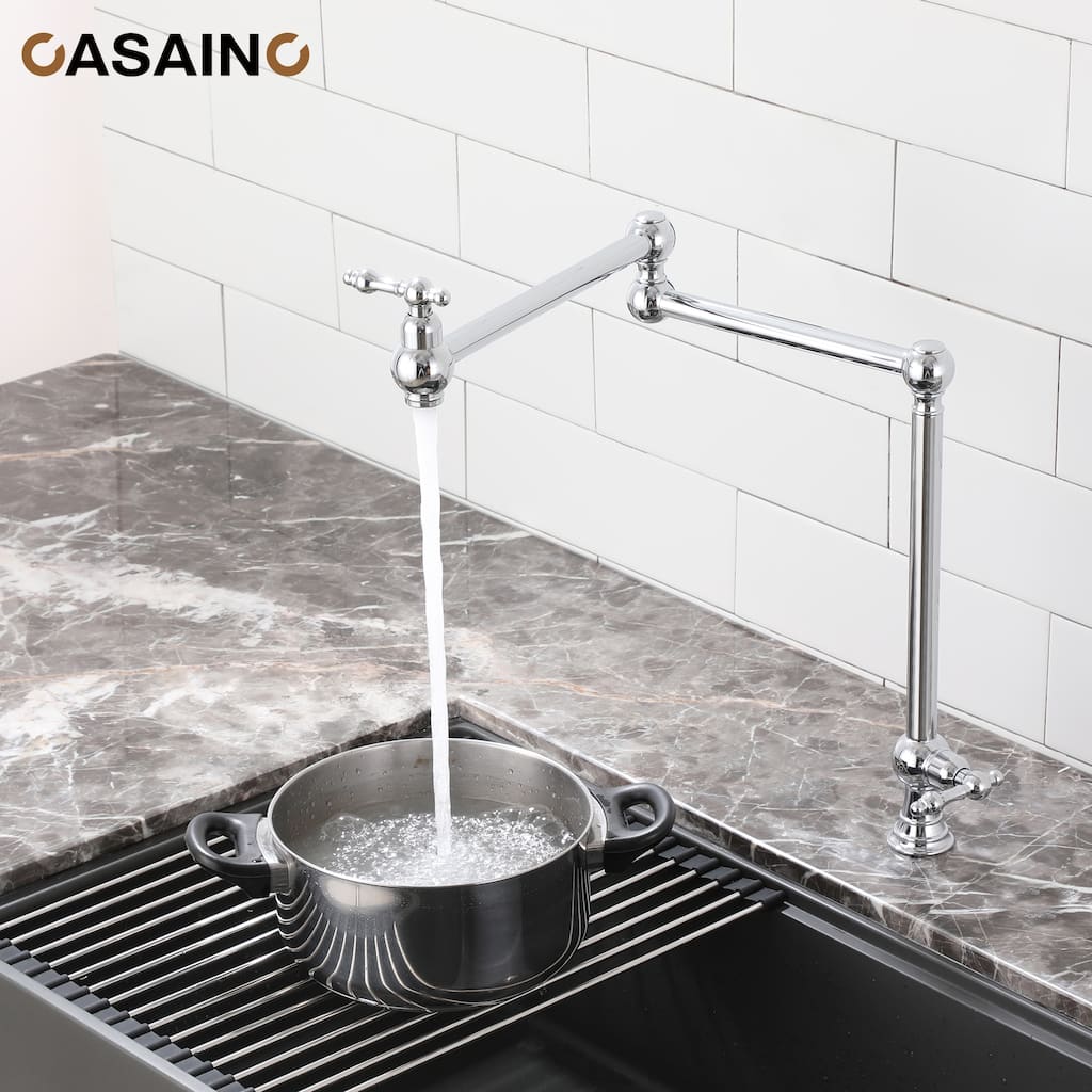 Vintage Deck Mount Pot Filler Kitchen Faucet, with Folding Stretchable Double Joint Swing Arms