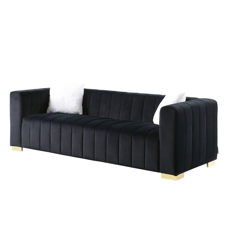 Velvet Channel Tufted 3-seater Sofa with Pillows