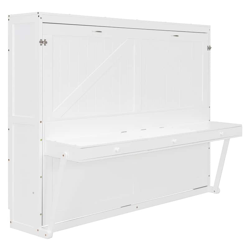 Queen Murphy Bed with Storage & Vanity Desk, Wall Mounted Folding Cabinet Bed with Mirror and Drawers for Small Space