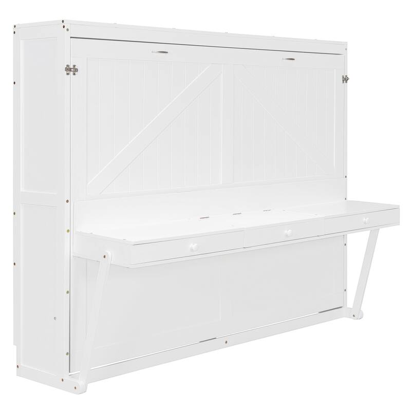 Queen Size Foldable Wall Bed with Storage and Vanity Desk, White
