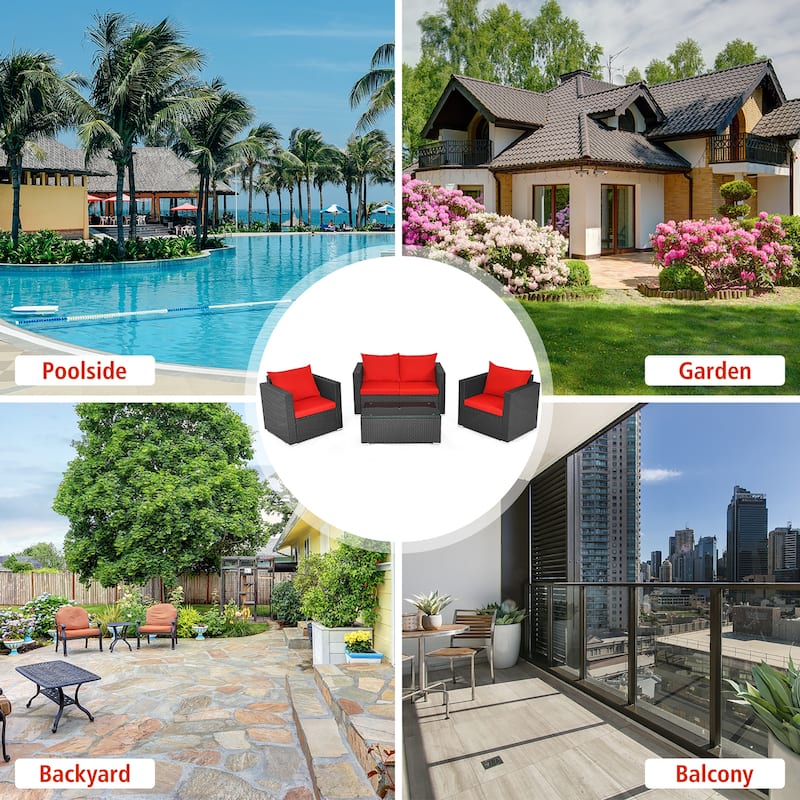 Costway 8PCS Patio Rattan Cushioned Sofa Chair Coffee Table Garden Red - See Description