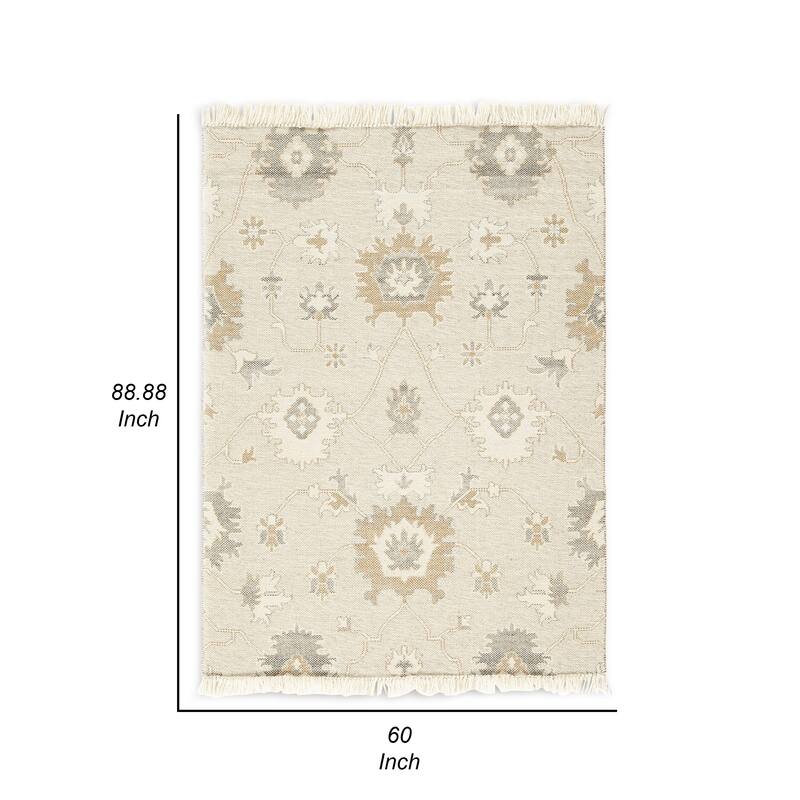 Kia 5 x 7 Medium Area Rug, Handwoven Floral Patterns, Beige Brown Wool - 5 x 7