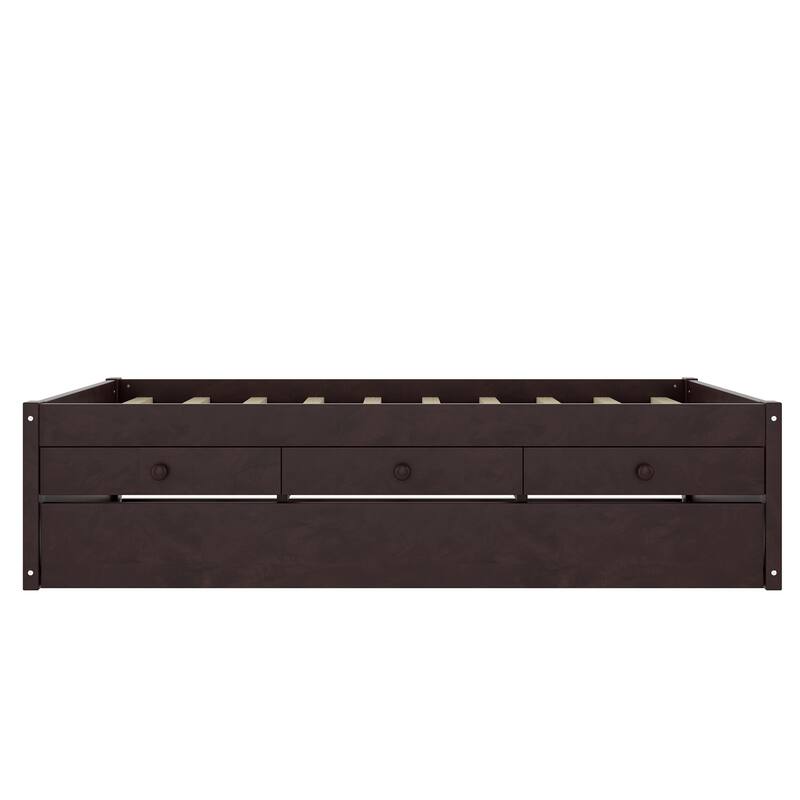 Platform Bed with Pull-out Trundle and Dual Storage Drawers, Built-in Power Strip, Wooden Bed Frame, No Box Spring Needed