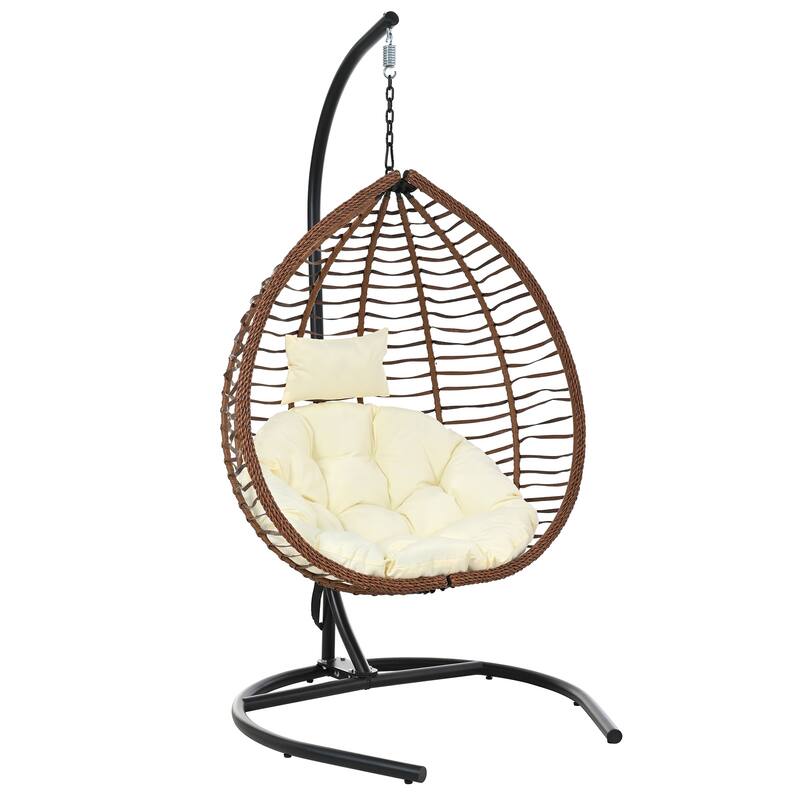 Foldable Rattan Hanging Hammock Chair with Stand and Plush Cushion for Indoor and Outdoor