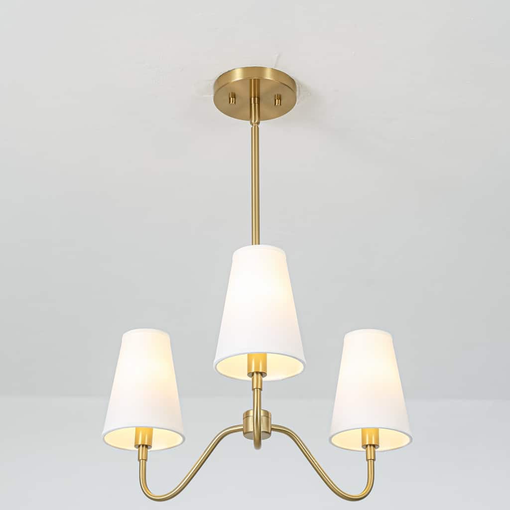 Rennnsan 3-Light Brass Chandelier with White Fabric Conical Shades for Living Room - 19.7 in. W x 9.6 in. H