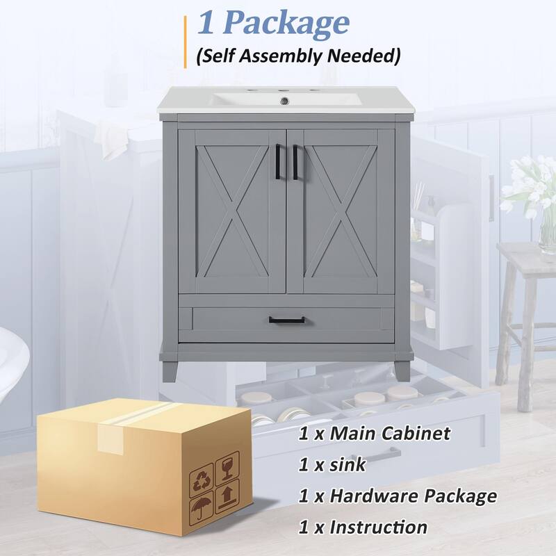 30" Bathroom Vanity - Solid Wood Frame, Single Sink, 2 Soft-Close Doors, Divided Drawer & Dual Storage Shelves
