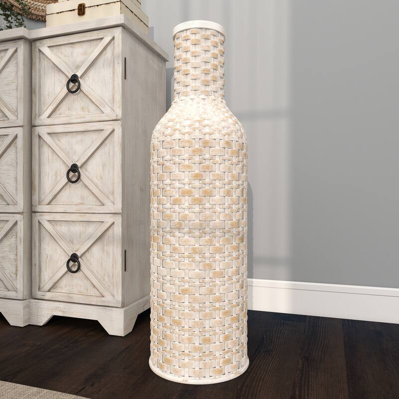 Intricately Woven Tall Bamboo Wood Floor Vase - White or Brown