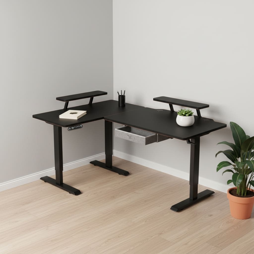 HomeRoots Adjustable Oak and Beige Wood and Metal Corner Rolling T-Shape Standing Desk