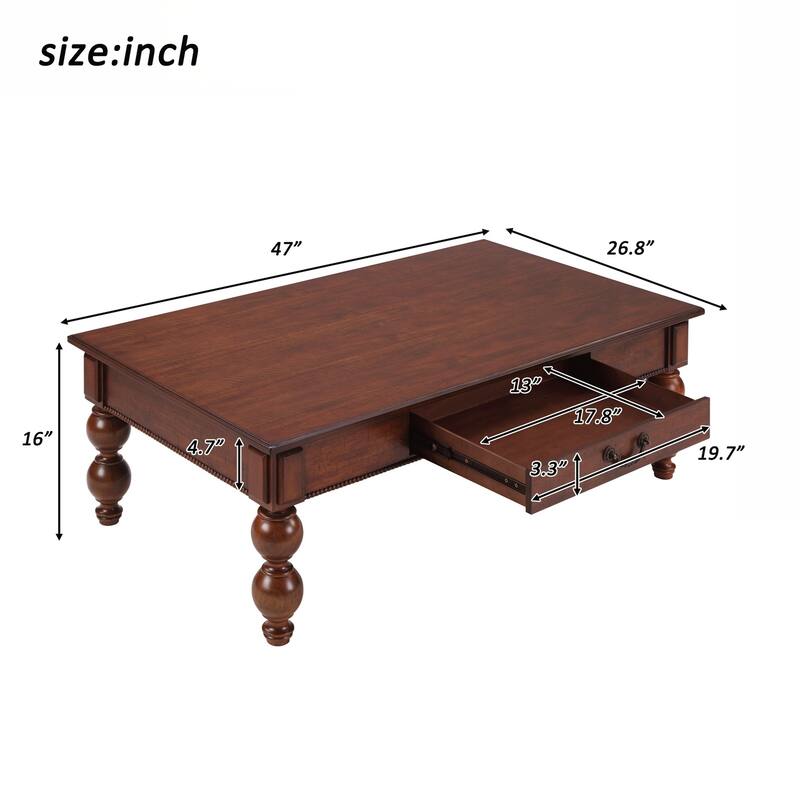 Rectangular Wooden Coffee Table with Storage Drawer, Vintage Cocktail Table with Solid Wood Gourd-Shaped Legs for Living Room